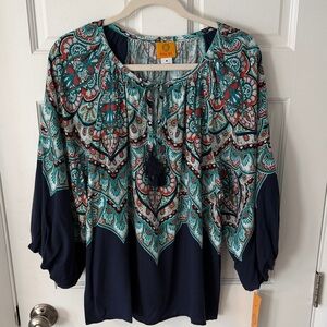 Ruby Rd. Women’s Bohemian Tassel Tie Balloon 3/4 Sleeve Peasant Top M NEW